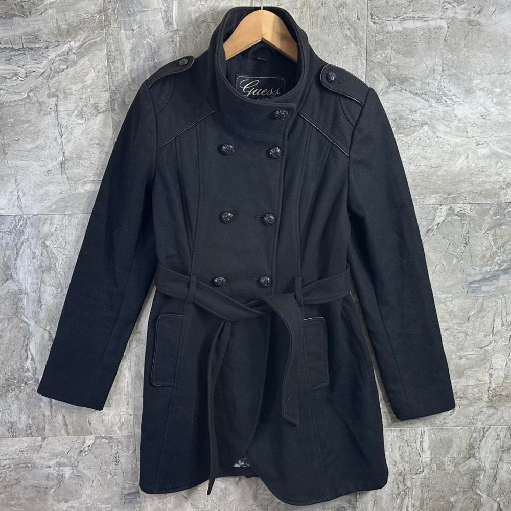 Guess Wool black trench pea coat with belt‎ Woman's Size Medium grunge